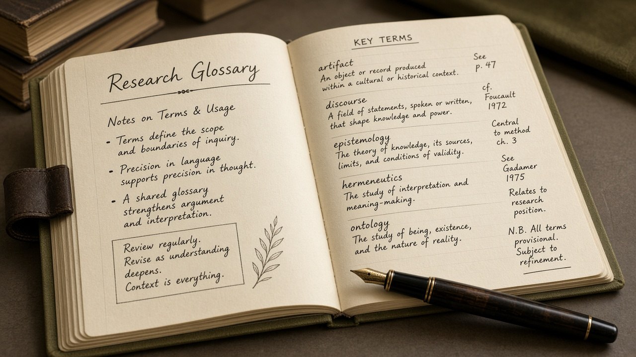 Open research glossary notebook with annotated B2B terms