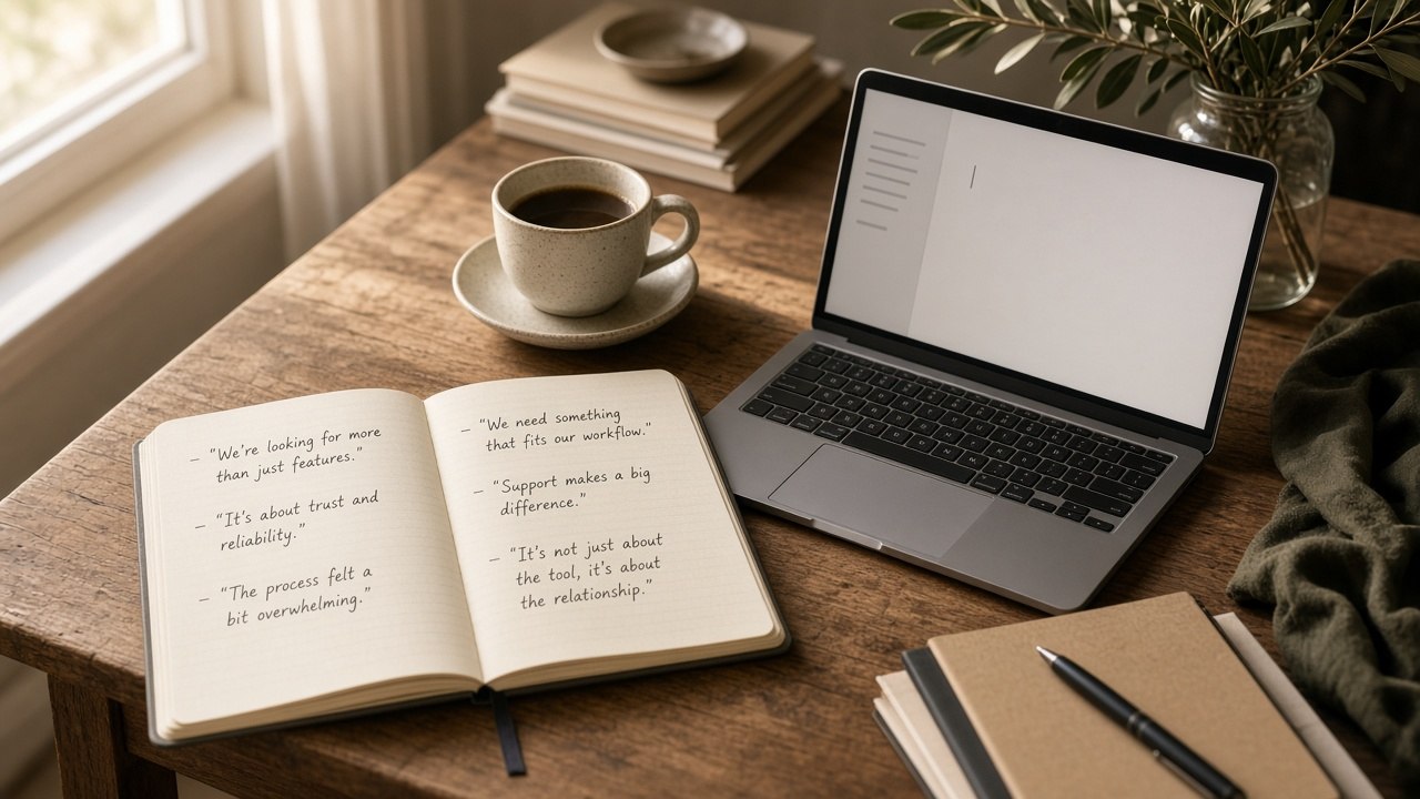 Researchers reviewing B2B interview notes on a warm editorial desk